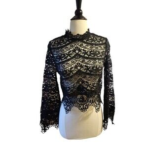 Essue Crochet Lace Crop Top Womens S Black Whimsigoth Fairy Grunge Sheer Emo